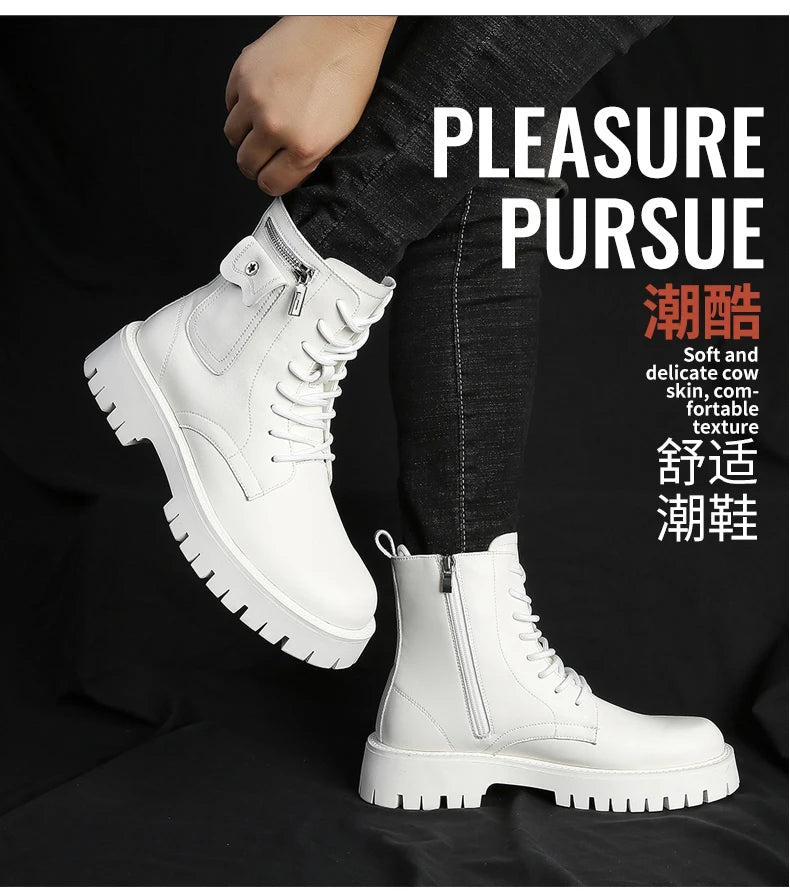 Fashion White Boots For Men New British Style Platform Motorcycle Boots Good Quality Casual Men’s High Top Leather Shoes Punk