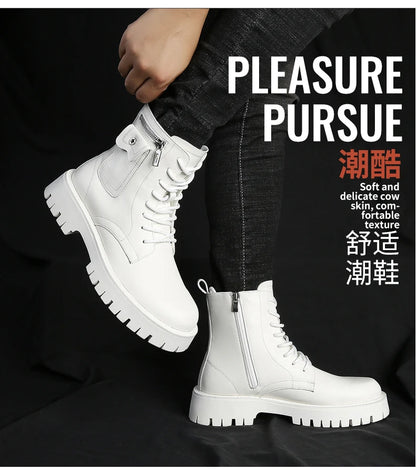 Fashion White Boots For Men New British Style Platform Motorcycle Boots Good Quality Casual Men’s High Top Leather Shoes Punk