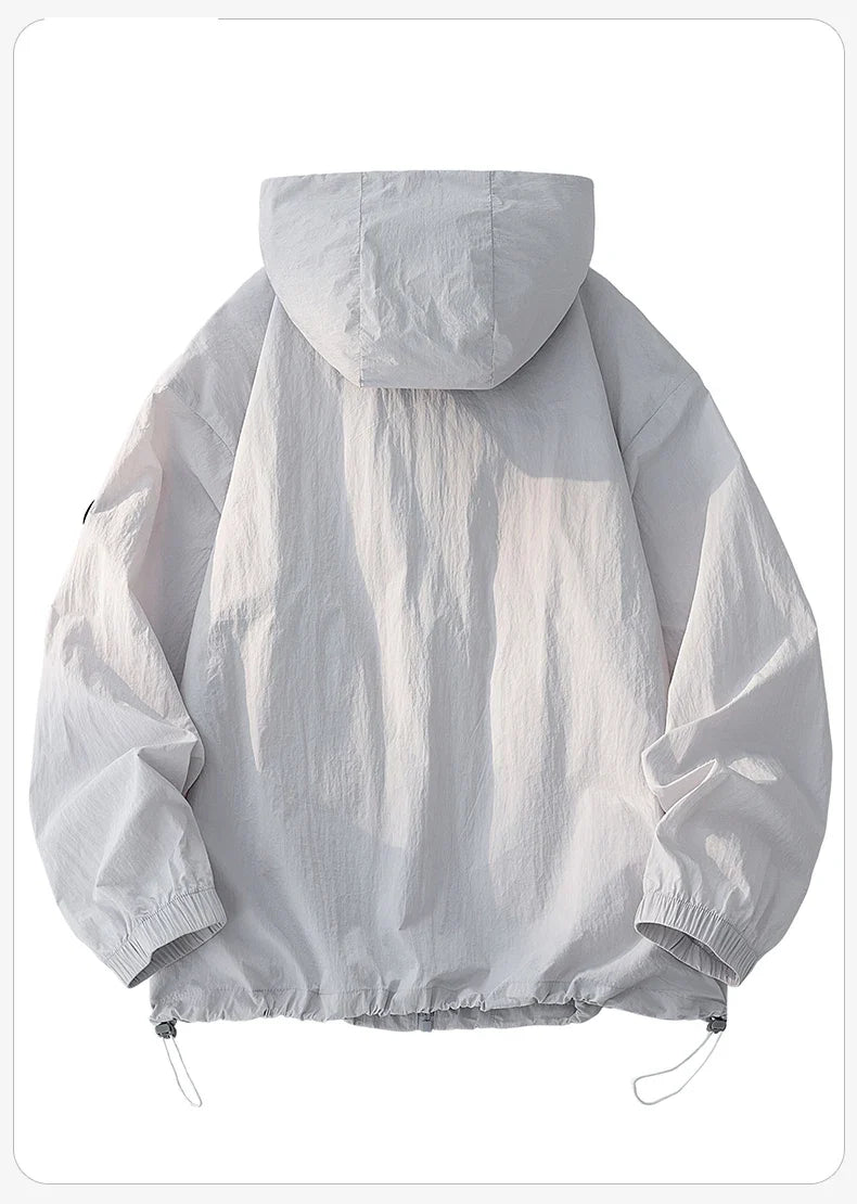 UPF50+ Men's Hooded Sunscreen Jacket Summer Ultra Thin Zipper Pocket Windbreaker Elastic Cuffs Outdoor Hiking Fishing Skin Coats