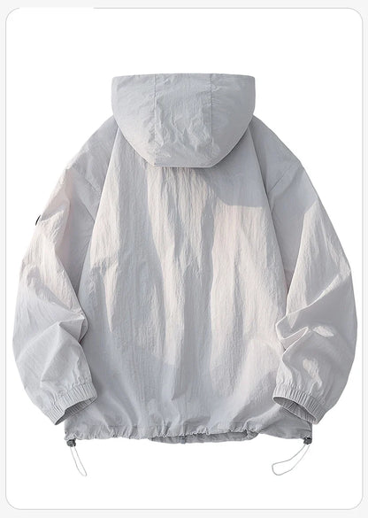 UPF50+ Men's Hooded Sunscreen Jacket Summer Ultra Thin Zipper Pocket Windbreaker Elastic Cuffs Outdoor Hiking Fishing Skin Coats
