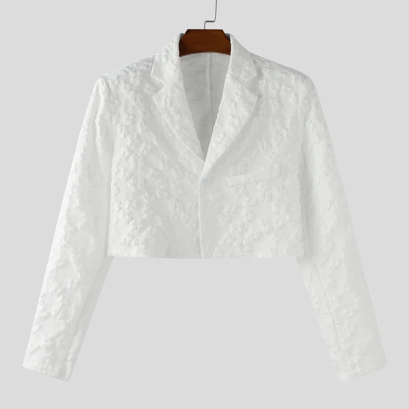 Men Blazer Flower Jacquard Lapel Long Sleeve Crop Coats Men Streetwear Autumn 2025 One Button Fashion Casual Male Suit