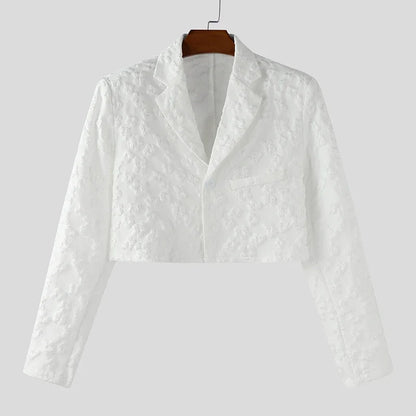 Men Blazer Flower Jacquard Lapel Long Sleeve Crop Coats Men Streetwear Autumn 2025 One Button Fashion Casual Male Suit
