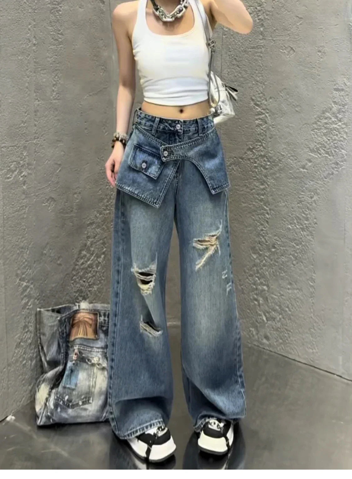 Streetwear Harajuku Jeans for Women Pantalones Vaqueros Mujer Chic Fake Two Denim Trousers Casual Straight Y2k Wide Leg Pants