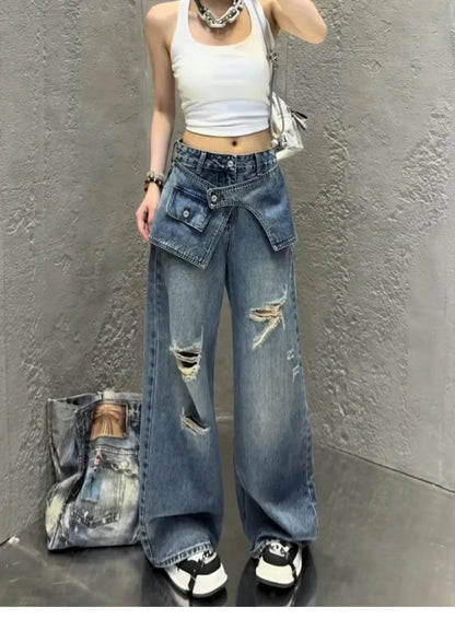 Streetwear Harajuku Jeans for Women Pantalones Vaqueros Mujer Chic Fake Two Denim Trousers Casual Straight Y2k Wide Leg Pants
