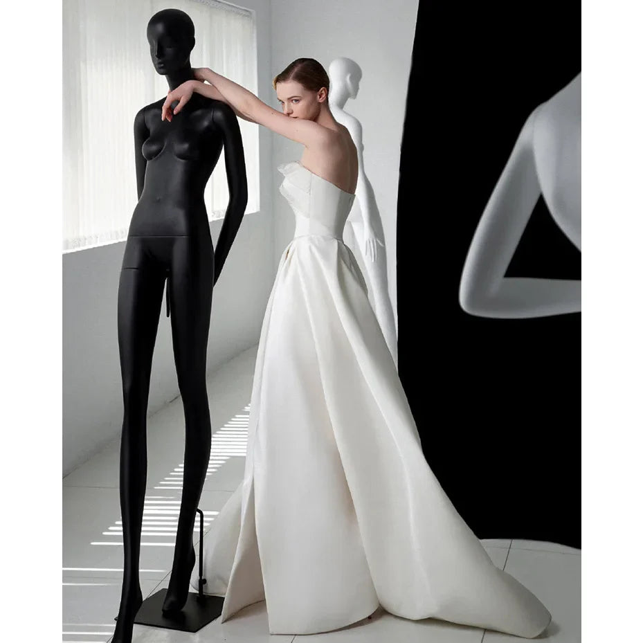 French Luxury White Satin Trailing Wedding Dresses for Bride 2026 Women Elegant Sexy Strapless Long Prom Party Dress Vestidos