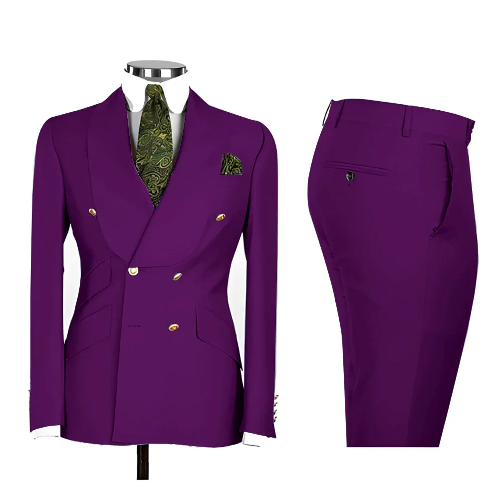 Lvory Shawl Lapel 2 Piece Suit Double Breasted Men's Jacket Pants with Gold Buttons Formal Wedding Groom Attire Prom Tuxedos