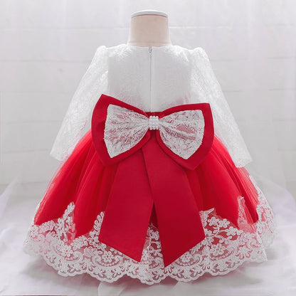 Long Sleeve Baby Girls Dress Newborn White Baptism Tulle Party Wedding 1st Birthday Princess Dresses Infant Girls Bow Prom Gown