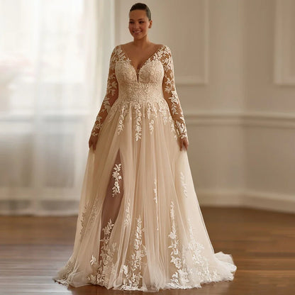 Champagne Wedding Dresses Plus Size Customized V Neck Long Sleeves Applique Sweep Train Glitter Bridal Gown Bride Dresses