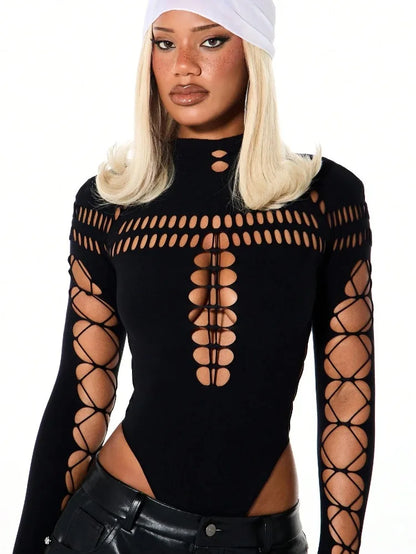 Summer Women's Y2K Sexy Bodysuit High Neck Bodycon Front Cutout & Lace-up Mesh Sleeve Stretchy Edggy Clubwear Streetwear