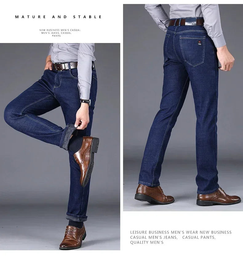 New Men's Fleece Warm Jeans Winter Thicken Plush Velvet Business Office Denim Trousers Brand Clothing Stretch Casual Male Pants