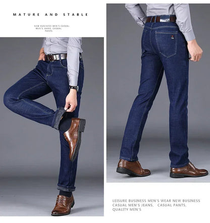 New Men's Fleece Warm Jeans Winter Thicken Plush Velvet Business Office Denim Trousers Brand Clothing Stretch Casual Male Pants