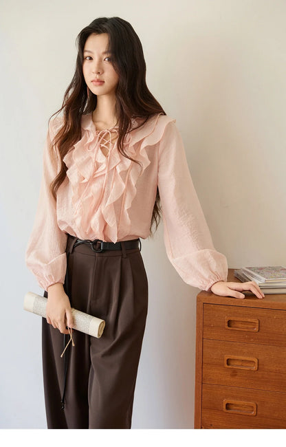 Pink Ruffled Blouse for Woman 2025 Autumn New Elegant Sweet V-neck Lace-up Design Shirt Lantern Sleeves Top MXE49X2504