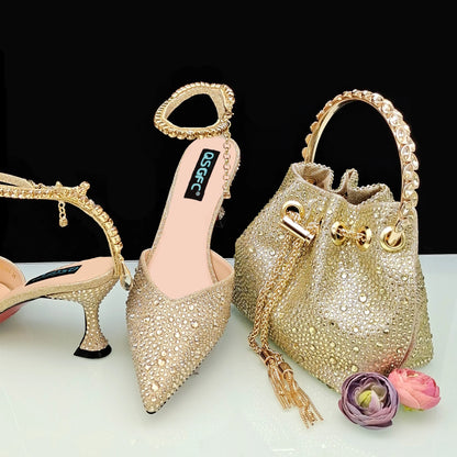 New Gold Glitter Fabric Pointed Toe High Heels With A Variety Of Shapes Of Rhinestones Fashion Party Ladies Shoes And Bag