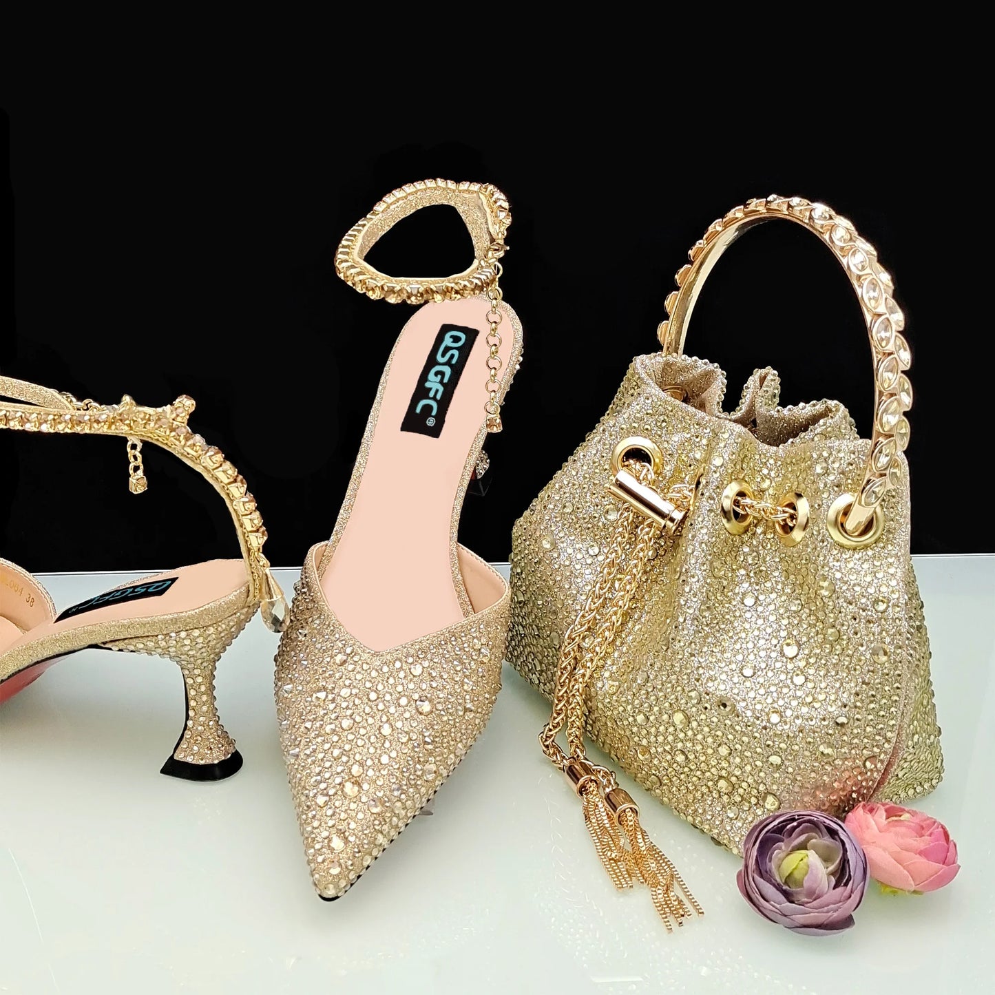 New Gold Glitter Fabric Pointed Toe High Heels With A Variety Of Shapes Of Rhinestones Fashion Party Ladies Shoes And Bag