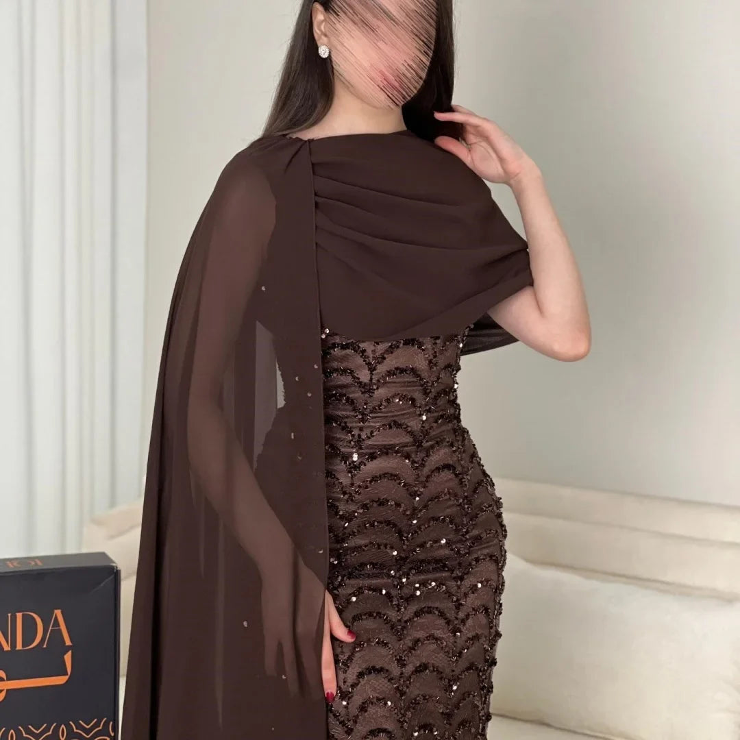 Bella Customized Chocolate Brown One-Shoulder Capelet Sequin Prom Dress Slim Fit Party Dresses Floor-Length Elegant Formal Gown