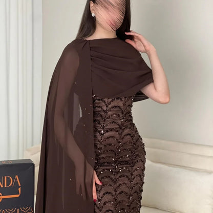Bella Customized Chocolate Brown One-Shoulder Capelet Sequin Prom Dress Slim Fit Party Dresses Floor-Length Elegant Formal Gown