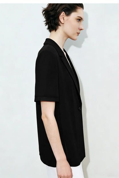 Women's Blazer 2026 Summer New Notched Lapel Chiffon Splicing Short Sleeve Jacket Women's Single Button Casual Top 12622126