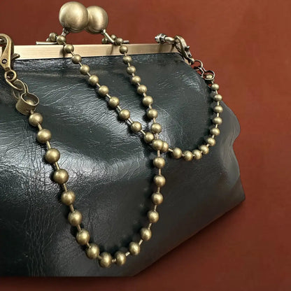 Lost in Vintage Artficial Leather Bag Tailored BBag Metal Frame Kiss Lock Bronze Snap Closure with Spheres Purse 30x16x9cm