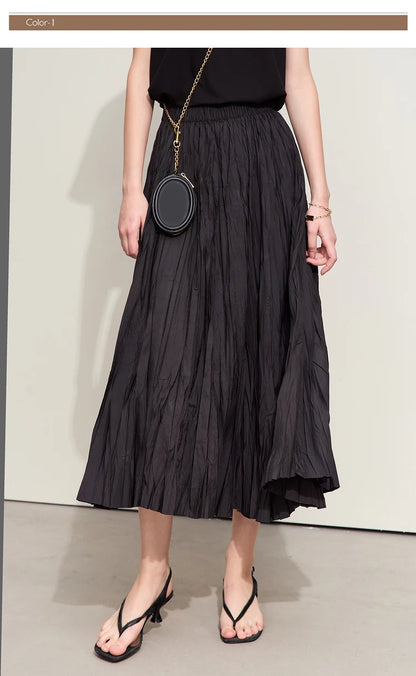 Minimalism Pleated A-Line Skirts Women 2024 Summer New Baiscs Rubber Band Waist Irregular Loose Large Hem Skirt 12442081
