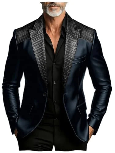 Men's Faux Suede Jacket with PU Leather Collar & Shoulder Two-Tone Blazer Contrast Trim Coat