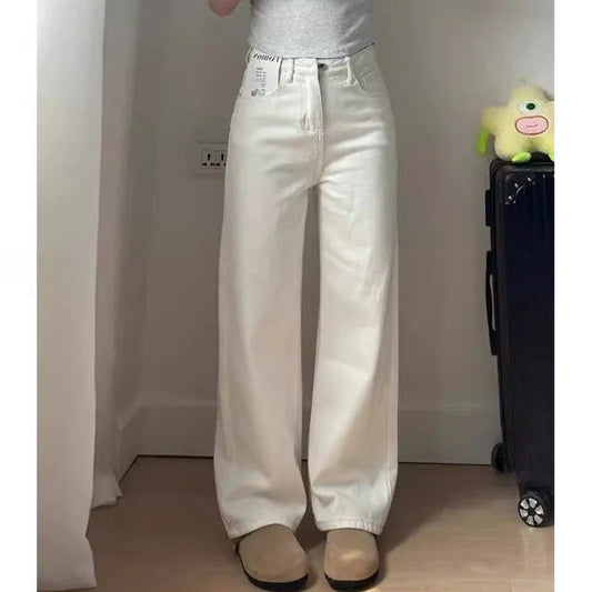 Lady Korean Fashion High Waist Jeans Pants Women Loose Fit Denim Trousers Girls White Casual Straight Leg Pants