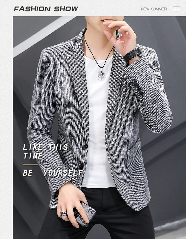 Blazer New Men's Fashion Business Vertical Strip Gentleman Slim Wool Shopping Outdoor Performance Wedding Banquet Casual Blazer