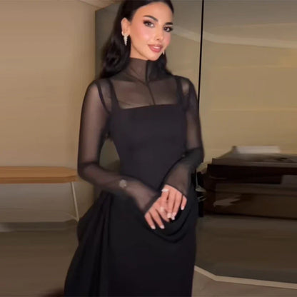 Stylish Lady Mesh See Long Sleeve Splicing Dress Elegant Evening Gown Women's 2026 New Luxury Boutique Club Party Dresses