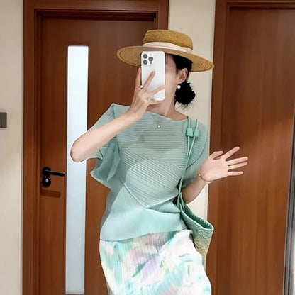 Miyake Pleated Top 2026 New Round Neck Short Sleeve Batwing T-Shirt Women Summer Lightweight Vacation Travel Women's Clothing