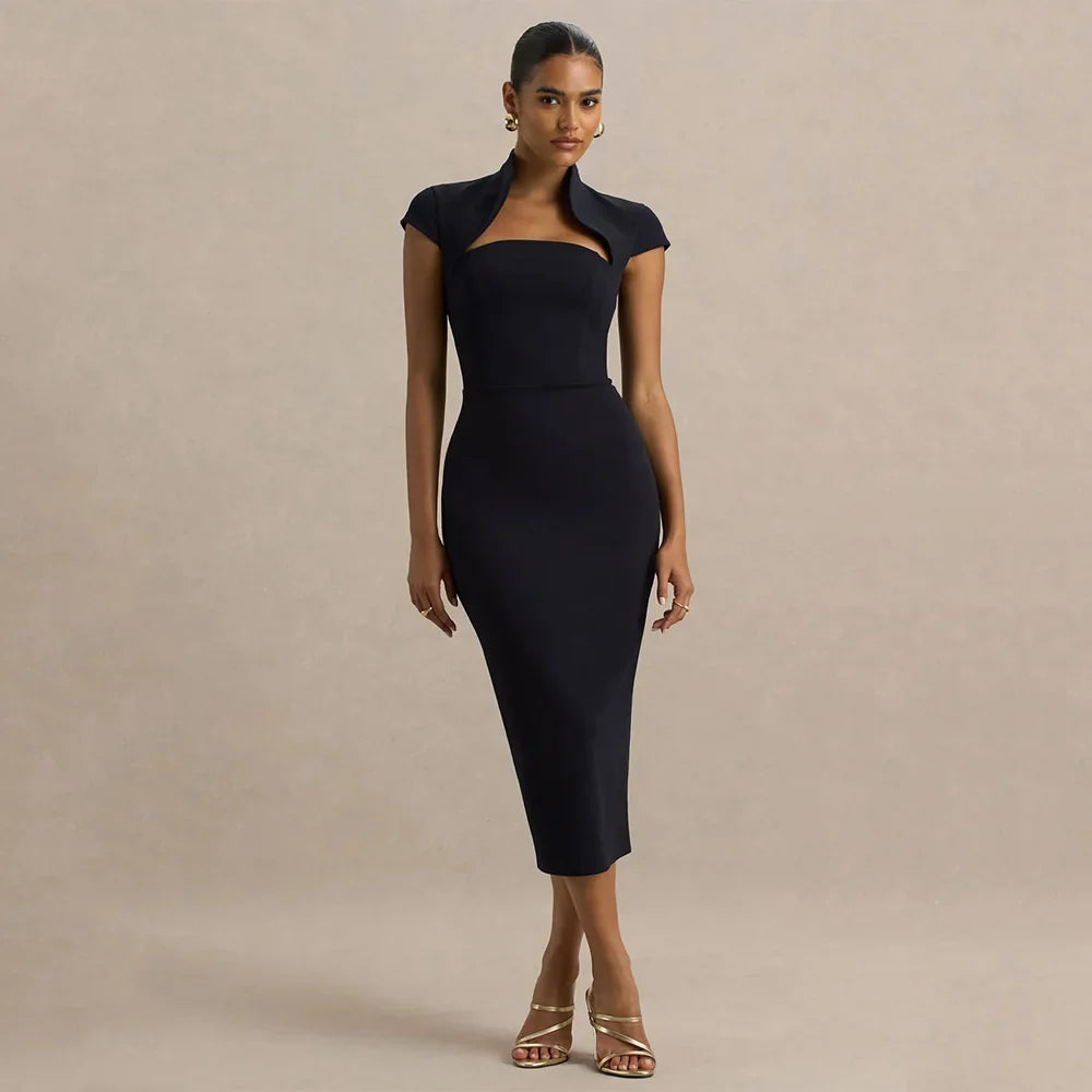 Column Cocktail Dresses for Women Cap Sleeves Tea Length Sheath Cocktail Gowns Midi Black Simple Evening Party Dress 2026