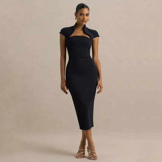 Column Cocktail Dresses for Women Cap Sleeves Tea Length Sheath Cocktail Gowns Midi Black Simple Evening Party Dress 2026