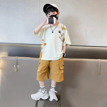 Chinese Style Kids Boy Summer Suit Twopiece Outfit Set With Panda Print T-shirt And Shorts Clothing Set for Children Streetwear