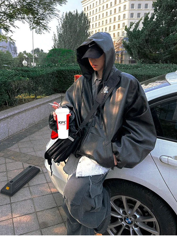 Spring Autumn Short Oversized Black Soft Pu Leather Jacket Men with Hood Zipper Loose Casual Korean Fashion Clothes