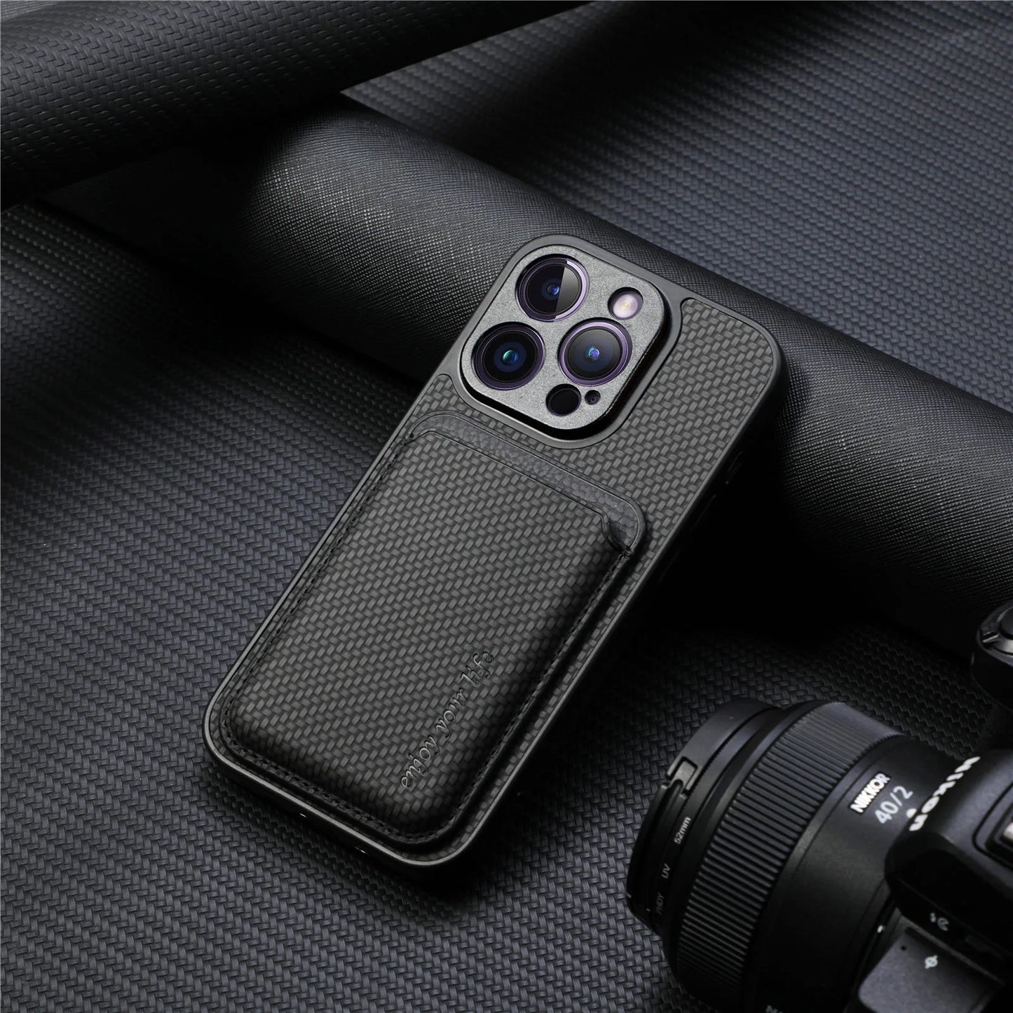 Carbon Fiber Style PU Leather for Magsafe Case for iPhone 17 Air 16 15 Pro Max 16e 14 Plus 11 12 13 Mini Cover Card Holder LM2