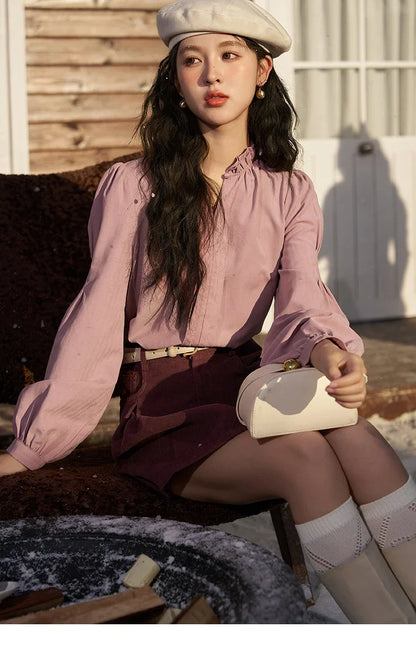 French Autumn Winter Button Up Lantern Long Sleeve Shirts Women Ruffle Neck Thick Warm Blouse Flannel Shirt MXC56X1320