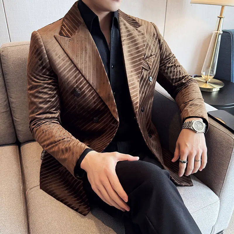 Autumn Winter New Velvet Suit Jacket Men Double-Breasted Striped Slim Fit Casual Coats High Quality Formal Business Tailcoat