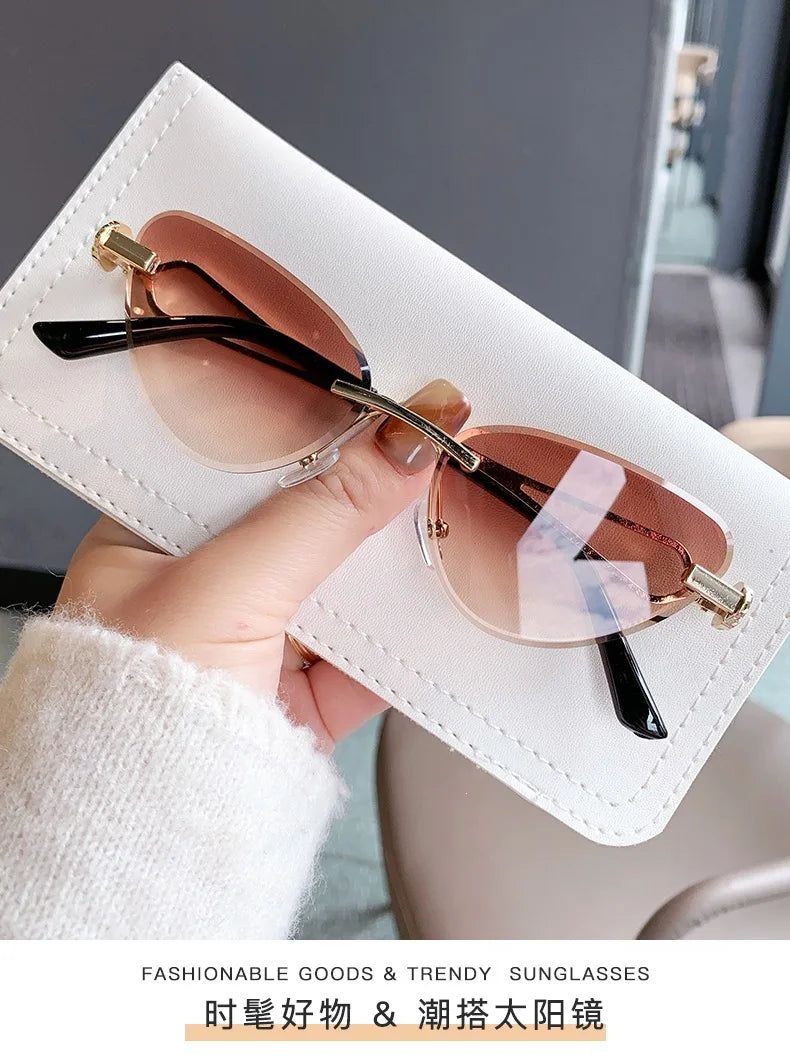 Rimless Cut Edge Cat Eye Sunglasses Gem Inlay Hollow Metal Temple UV400 Gradient Lens Shades for Women Daily Outdoor Sun Glasses