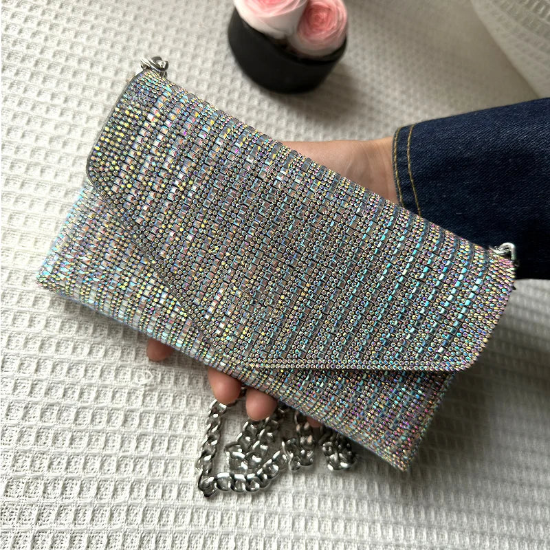 Rhinestones Bag for Women 2024 Mini Purses and Handbags Clutch Wallets Ladies PU Leather Chain Party Evening Shoulder Bag