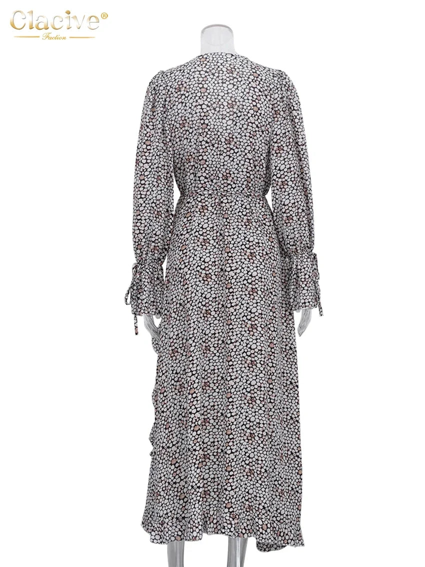 Fashion Loose Print Women's Dress 2025 Sexy V-Neck Long Sleeve Ankle Length Dresses Elegant Classic Ruffles Female Dress