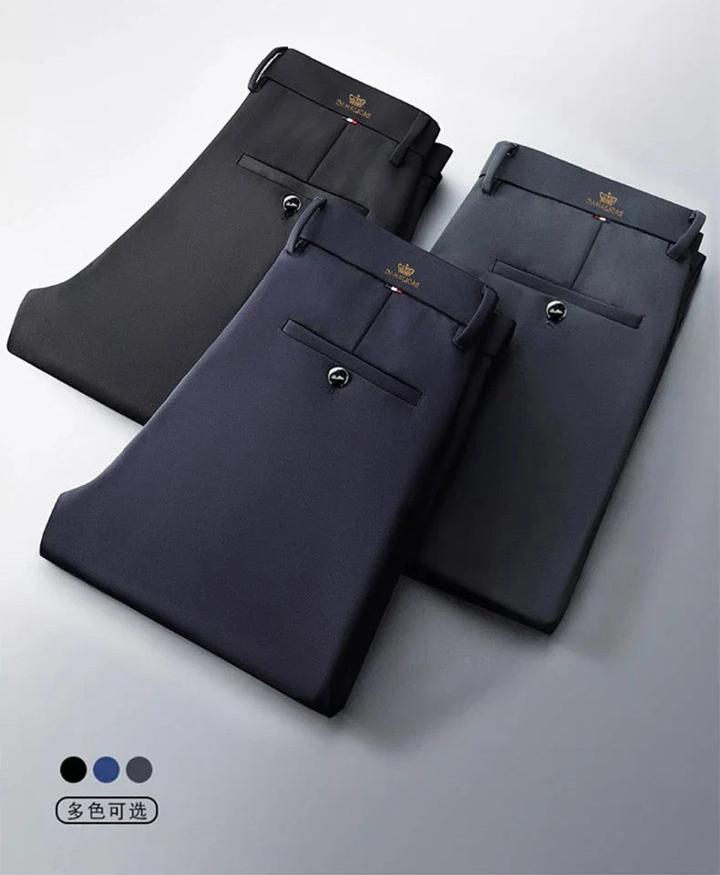 High-stretch fabric men's business trousers suitable for all seasons, featuring an elastic waistband and classic office/work for