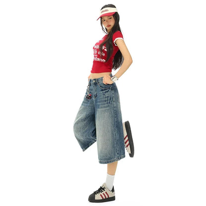 Vintage Washed Loose Straight Leg Denim Capri Men Women Lightning Print Streetwear Shorts