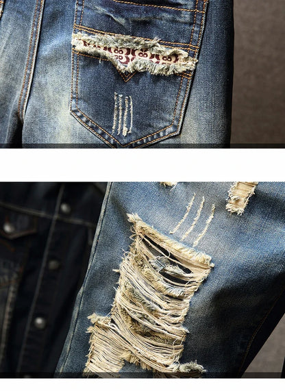 Streetwear Men's Ripped Denim Shorts Straight Slim Fashion Hip Hop Short Pants Big Hole Vintage Knee Length Jeans