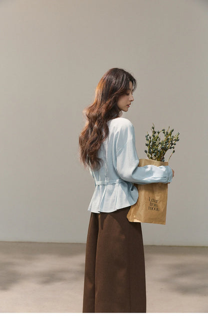 Women's Light Blue Lyocell Shirt 2026 Spring Polo Neck V-neck Belted Waist Shirt Casual Peplum Long Sleeve Top MXF13C2437