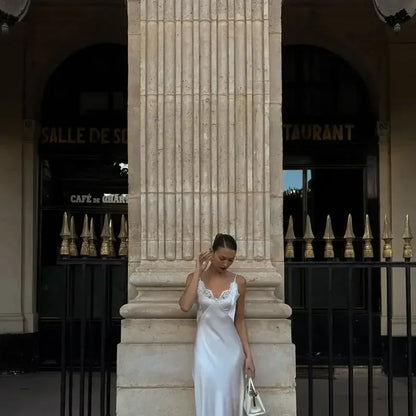 Women Sexy V-neck Satin Sling Maxi Dresses Chic White Lace Patchwork Sleeveless Backless Slim Gowns Summer Evening Party Dress