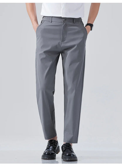 2026 Spring Summer Thin Ice Silk Suit Pants Men's Business Straight Slim High Elastic Ankle Length Casual Pants Male