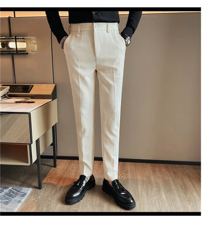 Men's Waffle Casual Pants Fashion Korean Stretch Waist Business Formal Pants Mens Social Party Suit Pants Streetwear Pencil Pant