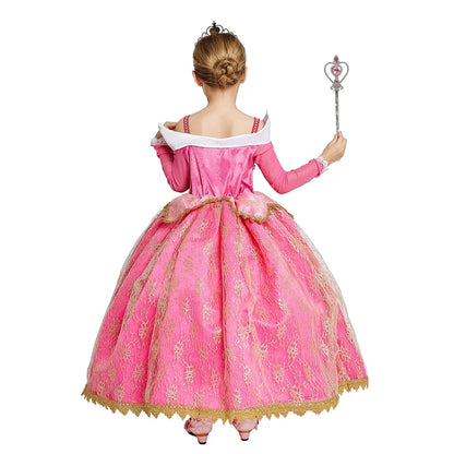 Girls Princess Dress Sleeping Beauty Aurora Cosplay Costume 2025 Kids Carnival Birthday Party Pink  Long Sleeve  Evening Dresses