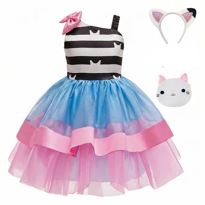 2026 Summer New Kids Girls Puffy Princess Dress Cat Striped Tutu Dress Children Birthday Party Cosplay Costume