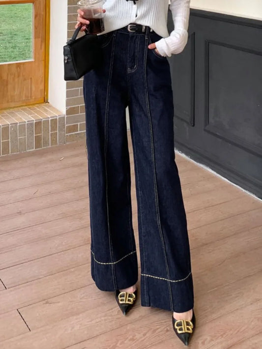 2026 Summer Women's Trendy Wide Leg Jeans Dark Blue High Waist Center Pleated Denim Pants with Contrast Stitching