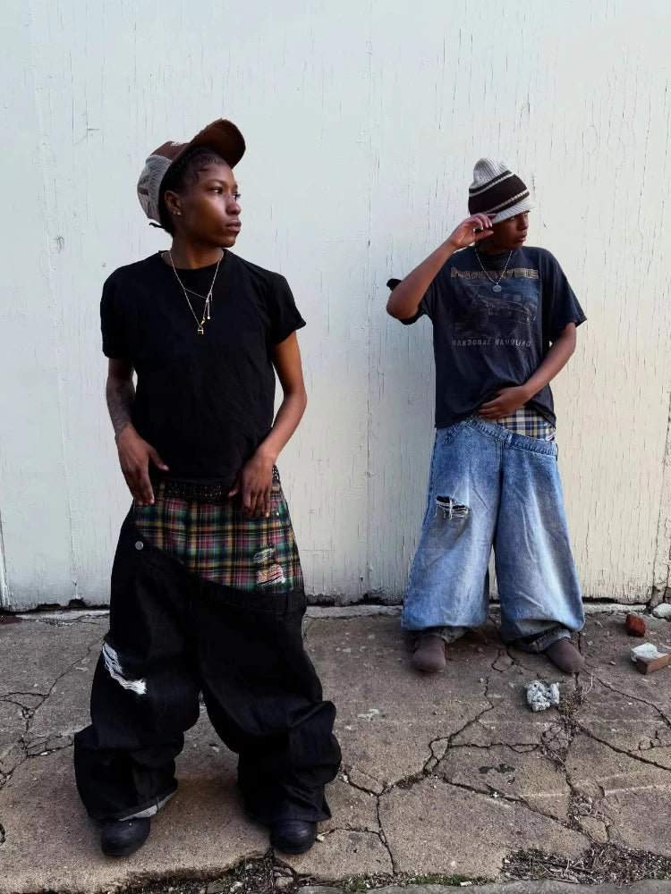 Mens Jeans Vintage Plaid Patchwork Denim Pants Harajuku Unisex Loose Fit Wide Leg Floor Length Hip Hop Streetwear Fashion Trend