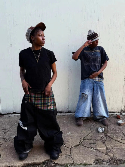 Mens Jeans Vintage Plaid Patchwork Denim Pants Harajuku Unisex Loose Fit Wide Leg Floor Length Hip Hop Streetwear Fashion Trend
